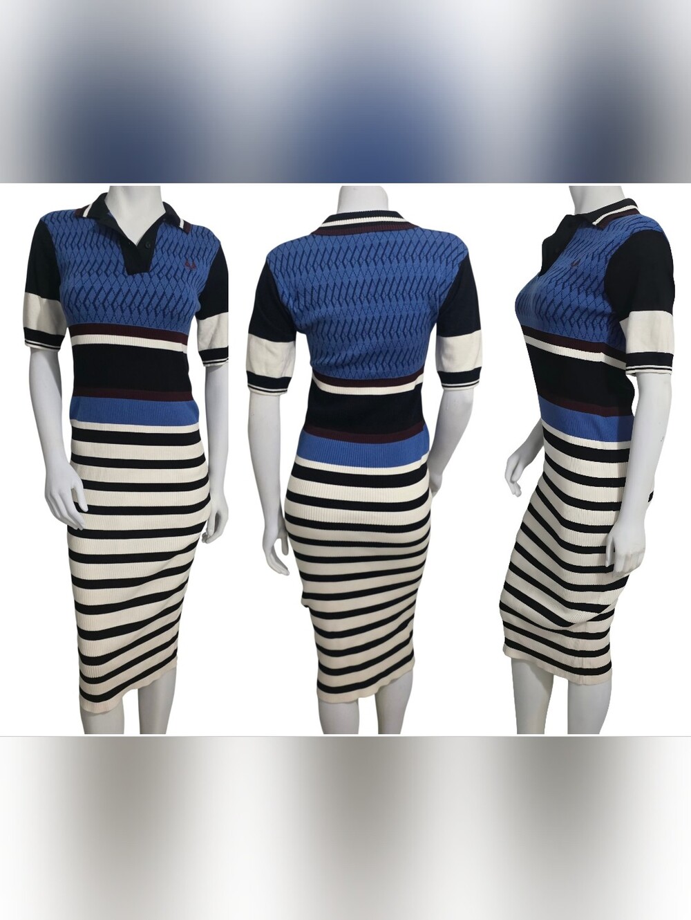 Fred Perry Blue, Black & Cream Striped Polo Dress Size 4 NWOT - Picture 2 of 14